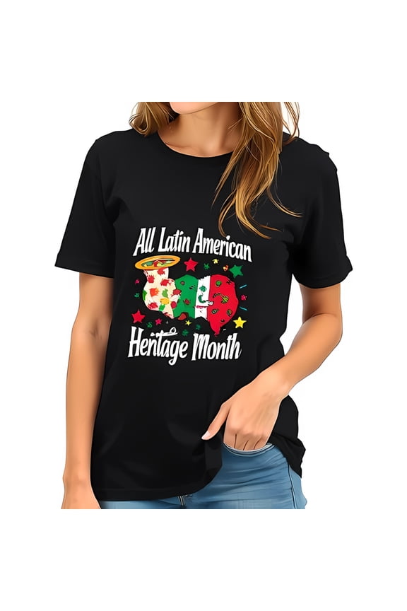Stylish Cotton Short Sleeve T-Shirt for Latin American Heritage Month - Colorful " LAH " Floral Design with Stars & Celebrating Cultural Pride