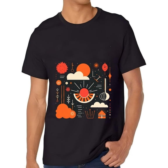 Stylish Cotton Short Sleeve T-Shirt for Men - Abstract Sun Clouds & Geometric Patterns in Orange & Black