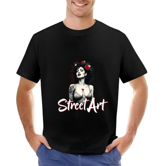 Stylish Cotton Short Sleeve T-Shirt for Men - Bold Street Art Design with Curly Hair Woman & Floral Accents