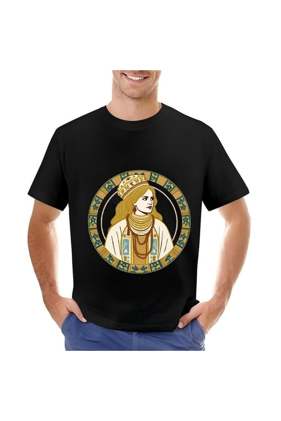 Stylish Cotton Short Sleeve T-Shirt for Men - Crowned Figure with Intricate Jewelry & Floral Motifs in Blue & Gold