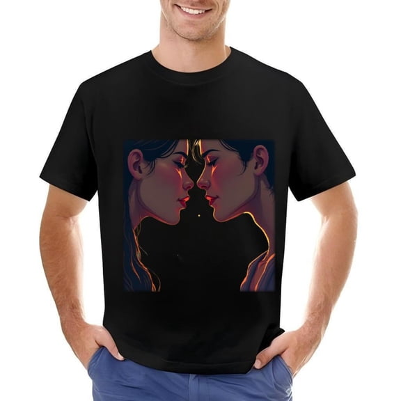 Stylish Cotton Short Sleeve T-Shirt for Men - Illuminated Faces Design Romantic & Emotional Theme Perfect for Casual Wear