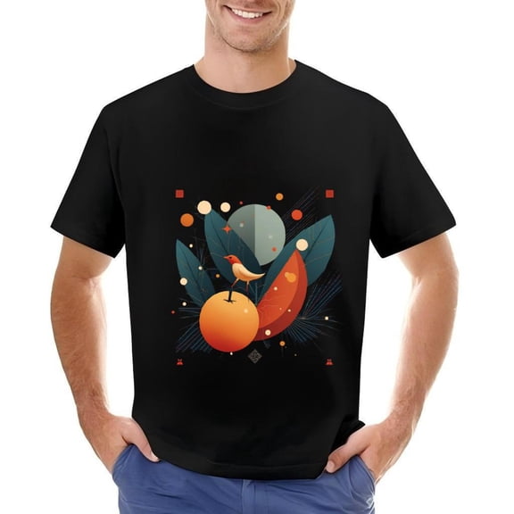 Stylish Cotton Short Sleeve T-Shirt for Men - Modern Bird & Fruit Abstract Pattern Design Minimalist Teal & Orange Leaves Unique Geometric Shapes