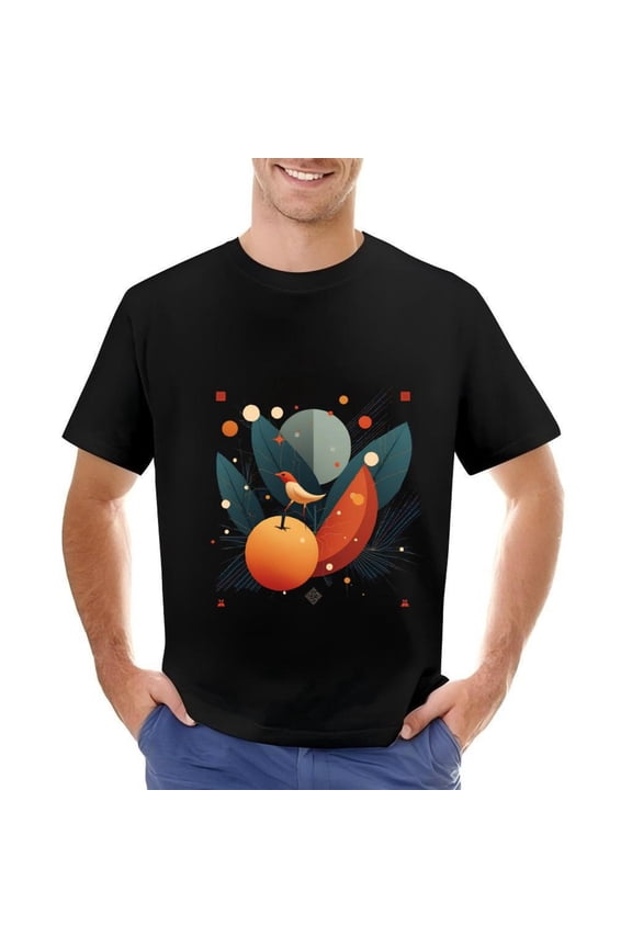 Stylish Cotton Short Sleeve T-Shirt for Men - Modern Bird & Fruit Abstract Pattern Design Minimalist Teal & Orange Leaves Unique Geometric Shapes