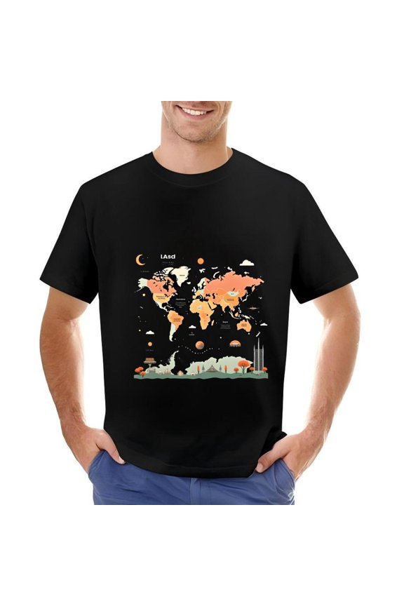 Stylish Cotton Short Sleeve T-Shirt for Men - Unique World Map Design with Nighttime Elements Landmarks