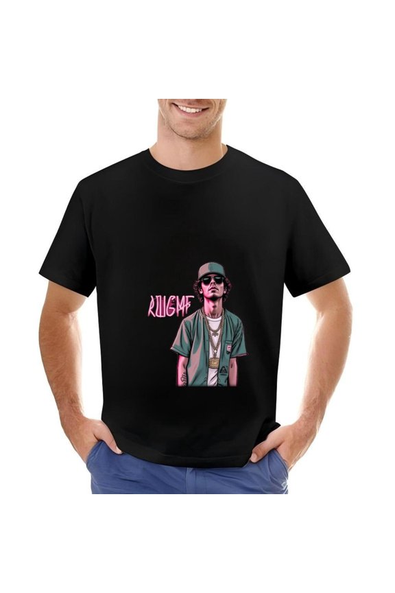 Stylish Cotton Short Sleeve T-Shirt for Men - Urban Graphic Design with Sunglasses Gold Chains & ' RUGME ' Text - Modern Streetwear Fashion