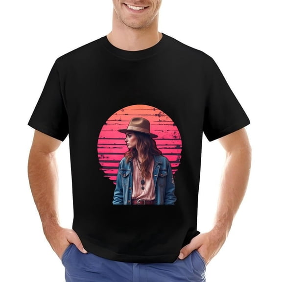 Stylish Cotton Short Sleeve T-Shirt for Men - Vibrant Pink and Orange Striped Design with Wide - Brimmed Hat Graphic