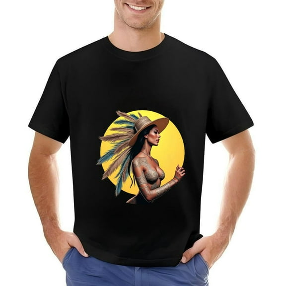Stylish Cotton Short Sleeve T-Shirt for Men - Vibrant Tattooed Woman Design with Colorful Feathers on Black Background