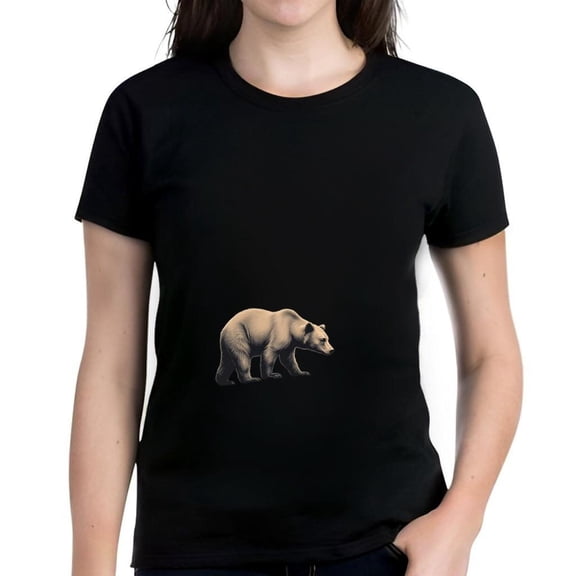 Stylish Cotton Short Sleeve T-Shirt for Women - Black Tee with Unique Bear Illustration Design
