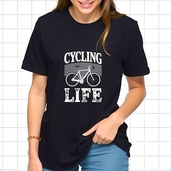 Stylish Cotton Short Sleeve T-Shirt for Women - " CYCLING LIFE " Graphic with Bicycle Design - Perfect for Casual Outings and Cycling Enthusiasts
