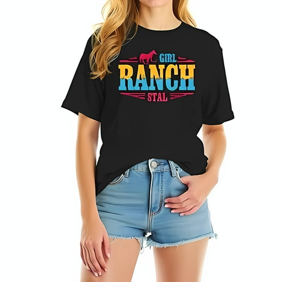Stylish Cotton Short Sleeve T-Shirt for Women - Colorful 'RANCH GIRL STAL' Design Fun Western Motif Casual Fit Perfect for Summer Outings