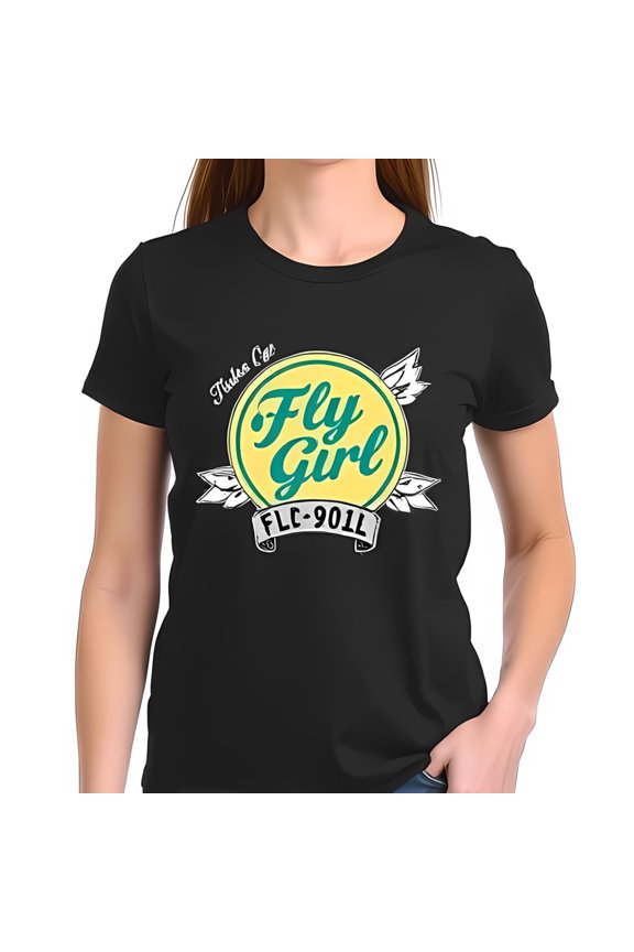 Stylish Cotton Short Sleeve T-Shirt for Women - " Fly Girl " Graphic with Blue Text & Yellow Circle FLC-9011