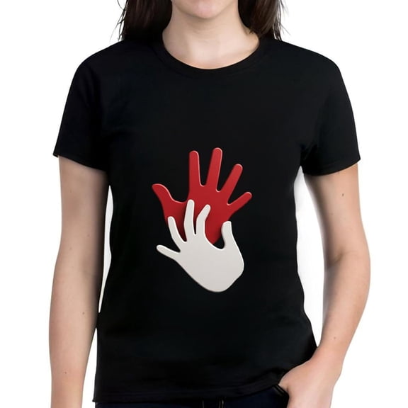 Stylish Cotton Short Sleeve T-Shirt for Women - Graphic Design of Red and White Hands in Contrast