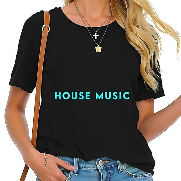 Stylish Cotton Short Sleeve T-Shirt for Women - " HOUSE MUSIC " in Vibrant - Casual Black Tee for Music Lovers - Trendy Summer Fashion