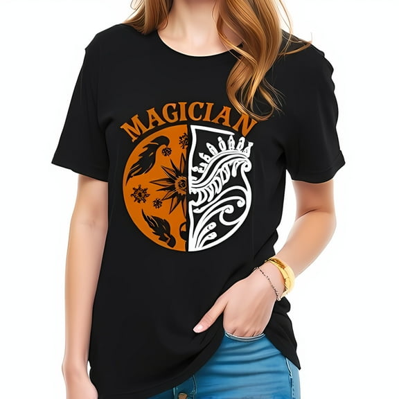 Stylish Cotton Short Sleeve T-Shirt for Women - Half-and-Half Design with 'MAGICIAN' in Orange & Mystical Patterns in White