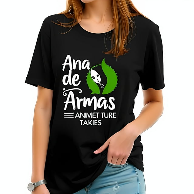 Stylish Cotton Short Sleeve T-Shirt with 'Ana de Armas' Script & Leaf - Casual Vintage Design
