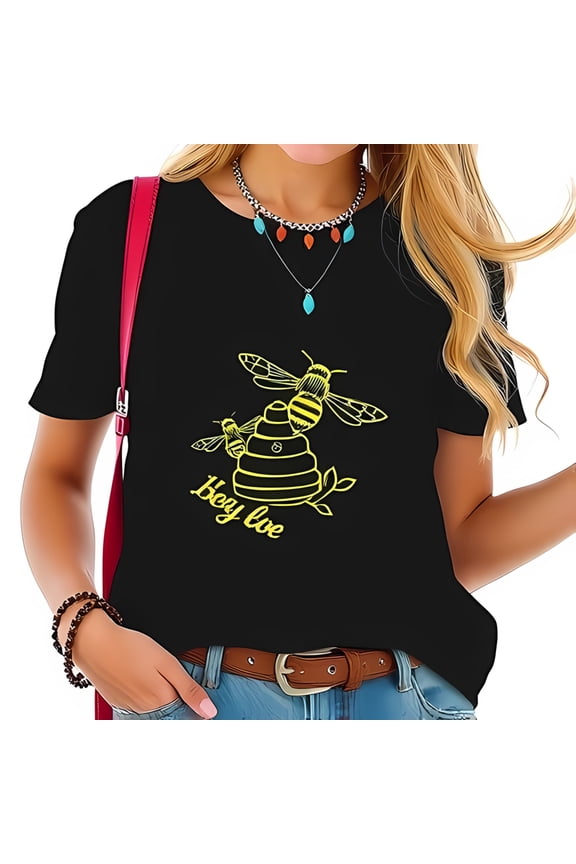 Stylish Cotton Short Sleeve T-Shirt with Bee and Beehive Graphic " Bee Love " Design Casual Summer Wear