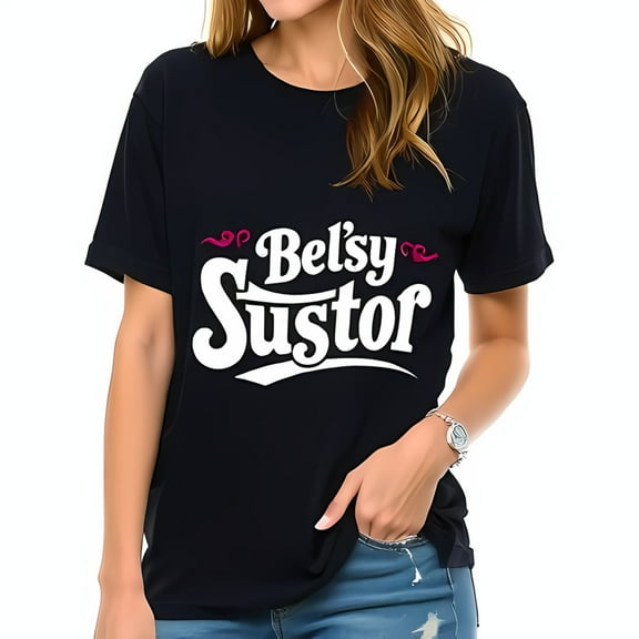 Stylish Cotton Short Sleeve T-Shirt with " Belsy's Sustor " Playful Phrase in Bold White & Whimsical Pink Design