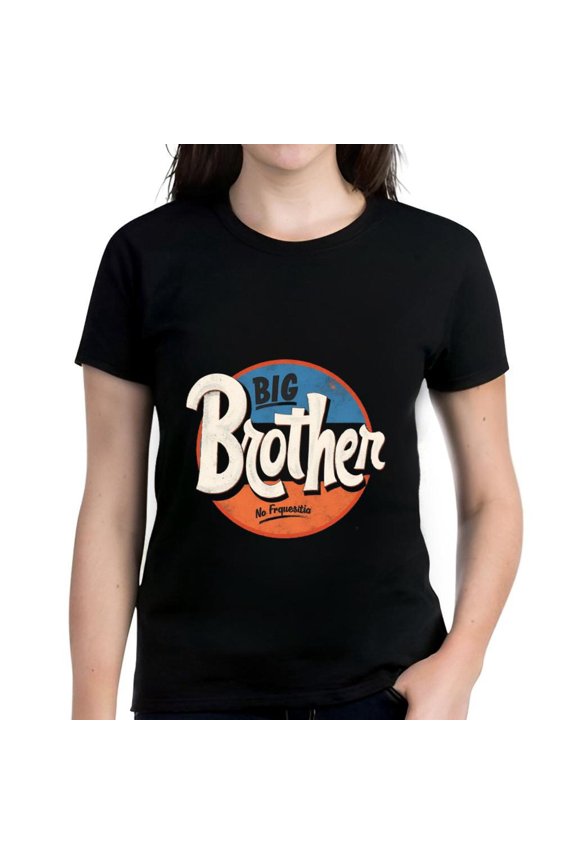 Stylish Cotton Short Sleeve T-Shirt with Bold 'Big Brother' Graphic Design & 'No Frustration' Text Blue & Orange Circular Pattern