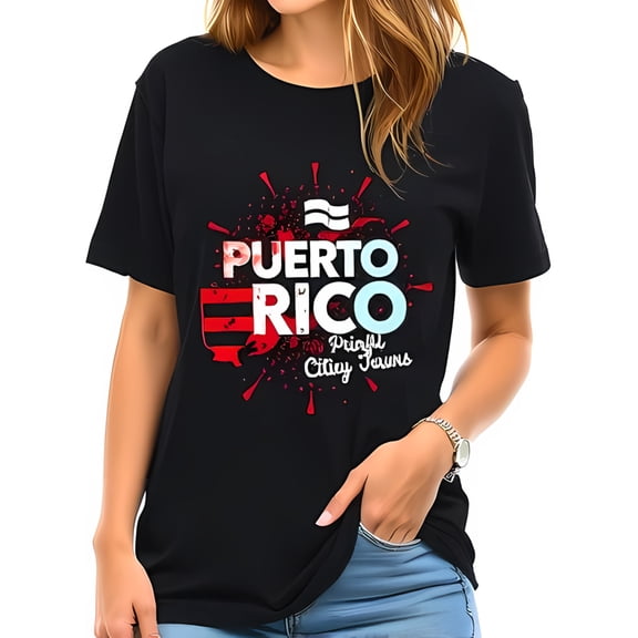 Stylish Cotton Short Sleeve T-Shirt with Bold " PUERTO RICO " Design in Red White & Blue Featuring Playful Splashes and " Proudly Cling Tawns "