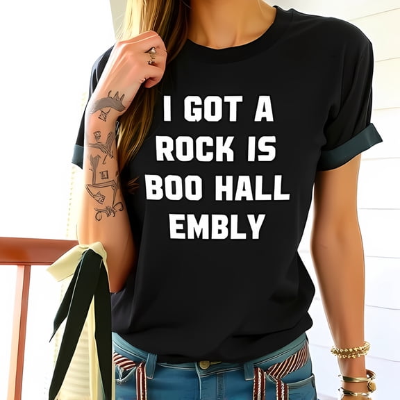 Stylish Cotton Short Sleeve T-Shirt with Bold Text Design " I GOT A ROCK IS BOO HALL EMBLY " - Casual Chic for Confident Women
