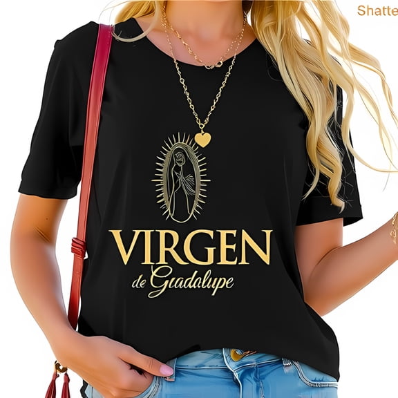 Stylish Cotton Short Sleeve T-Shirt with Bold 'VIRGEN de Guadalupe' Gold Lettering & Intricate Design