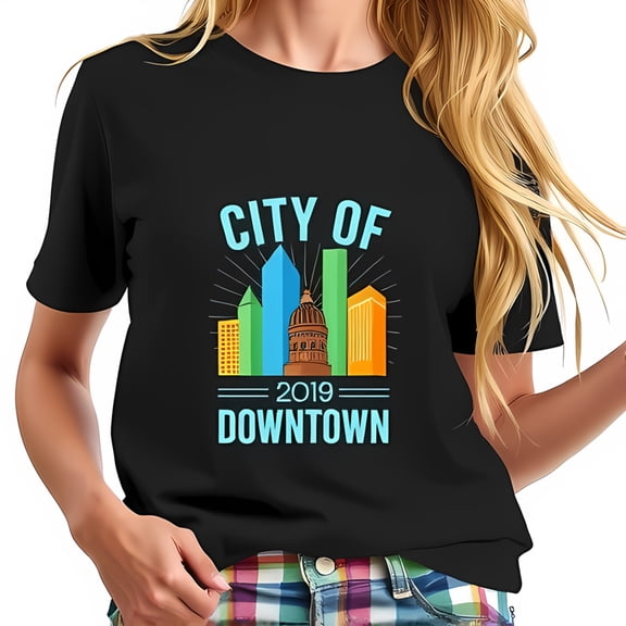 Stylish Cotton Short Sleeve T-Shirt with " CITY OF DOWNTOWN " Graphic Iconic Skyscrapers & 2019 Nostalgia