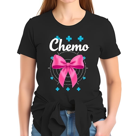 Stylish Cotton Short Sleeve T-Shirt with 'Chemo' Graphic Target Design & Pink Bow - Resilient & Playful Fashion