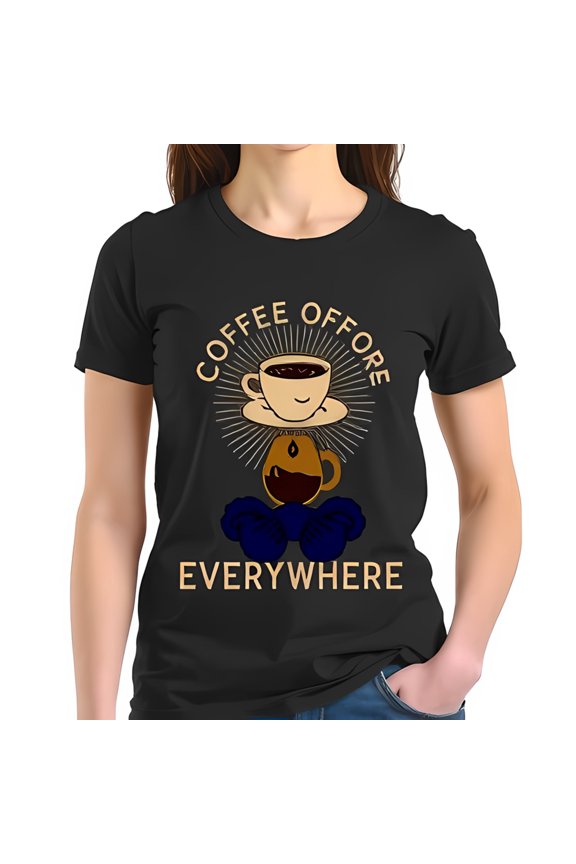 Stylish Cotton Short Sleeve T-Shirt with Coffee Cup & Pot Graphic - " COFFEE OFFORE EVERYWHERE " Design for Coffee Lovers
