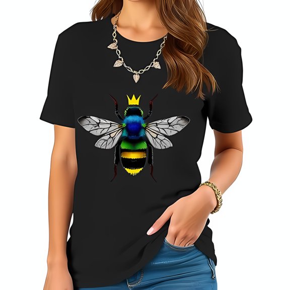 Stylish Cotton Short Sleeve T-Shirt with Colorful Bee Graphic and Crown Design - Vibrant Nature Inspired Fashion