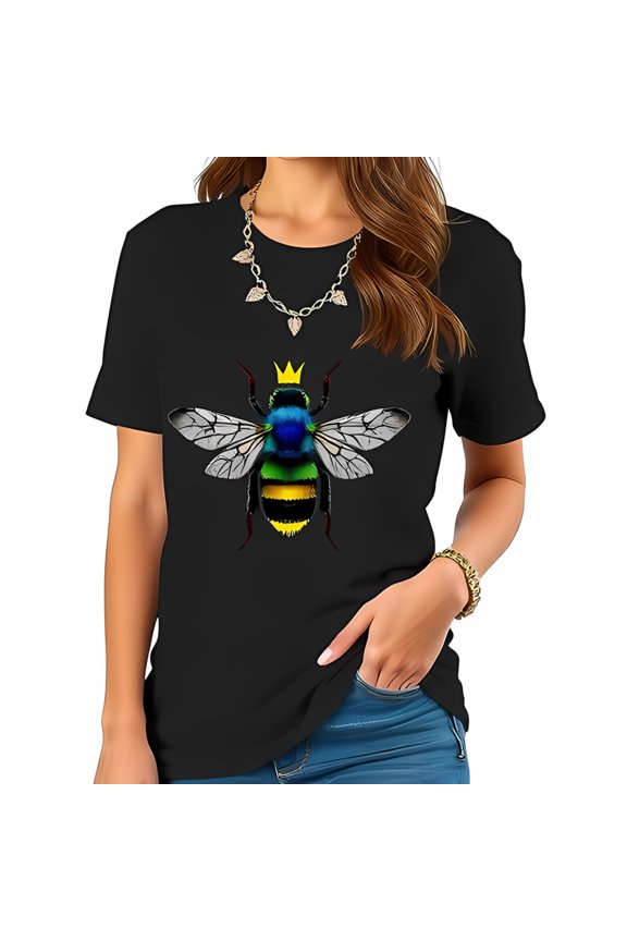 Stylish Cotton Short Sleeve T-Shirt with Colorful Bee Graphic and Crown Design - Vibrant Nature Inspired Fashion
