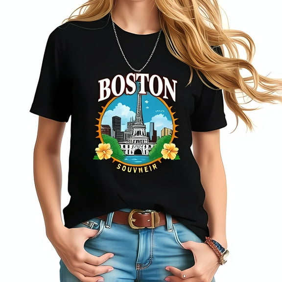Stylish Cotton Short Sleeve T-Shirt with Colorful Boston Landmark Design Graphics and Floral Accents - Perfect Souvenir