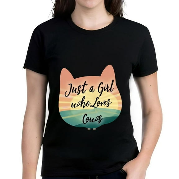 Stylish Cotton Short Sleeve T-Shirt with Colorful Cat Graphic and Sunset Background - " Just a Girl who Loves Cougs " Design