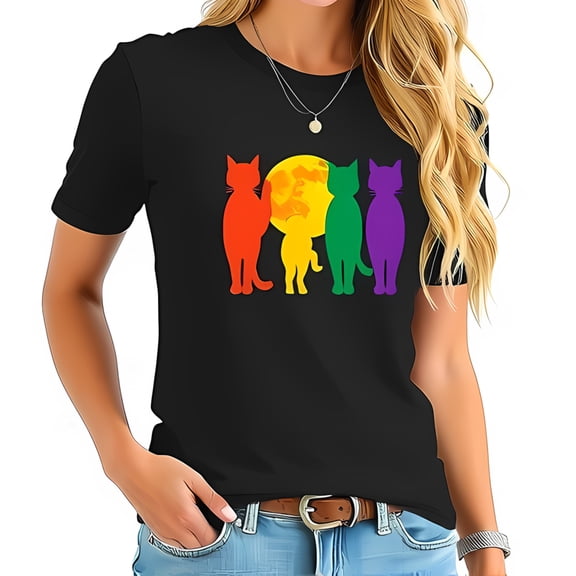 Stylish Cotton Short Sleeve T-Shirt with Colorful Cat Silhouettes & Moon Graphic - Perfect for Cat Lovers