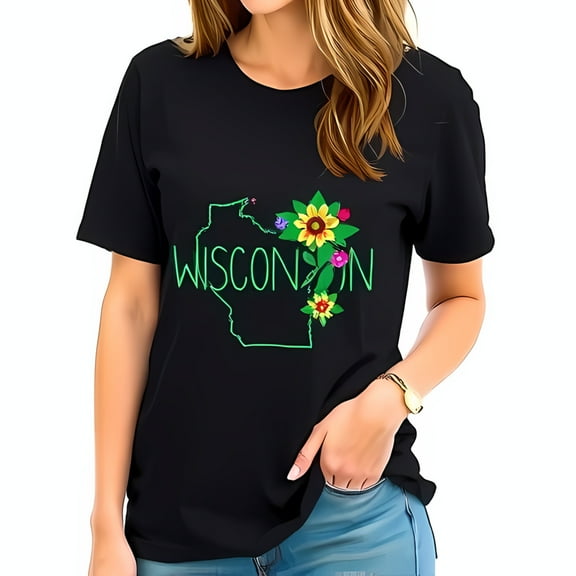 Stylish Cotton Short Sleeve T-Shirt with Colorful Floral Wisconsin State Design - Bold Green 'WISCONSIN' Text