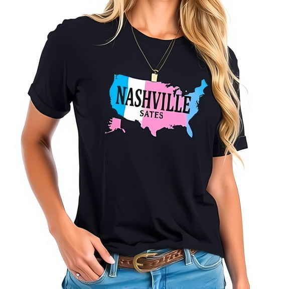Stylish Cotton Short Sleeve T-Shirt with Colorful State Outline & 'Nashville' Graphic - Casual Chic for Concerts & City Outings