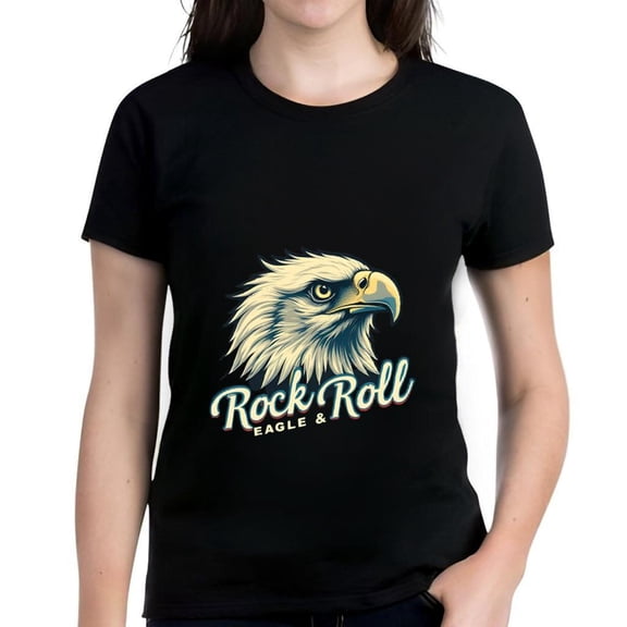 Stylish Cotton Short Sleeve T-Shirt with Detailed Eagle Head Graphic & " Rock Roll Eagle & " Text - Perfect for Casual Wear