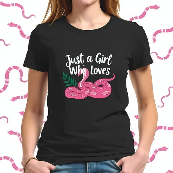 Stylish Cotton Short Sleeve T-Shirt with Eye-Catching Pink Snake Graphic & " Just a Girl Who Loves " Text