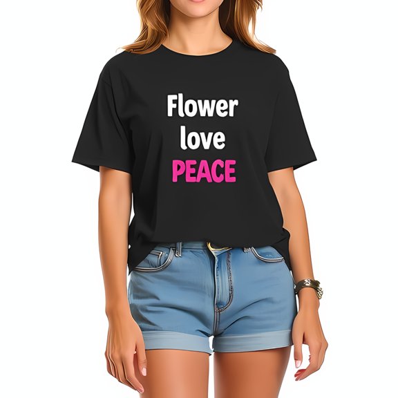 Stylish Cotton Short Sleeve T-Shirt with " Flower Love PEACE " Graphic in Bold Font - Trendy Summer Casual Wear