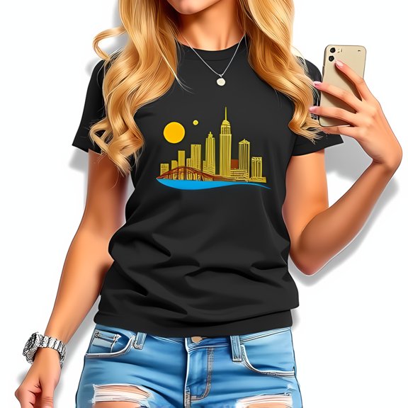 Stylish Cotton Short Sleeve T-Shirt with Gold Cityscape Design - Urban Chic Graphic Tee