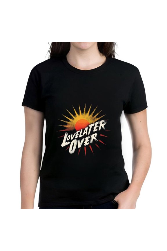 Stylish Cotton Short Sleeve T-Shirt with Graphic Sun Design & 'LOVELATER OVER' Text - Yellow to Orange Gradient - Bold Font