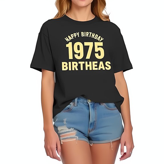 Stylish Cotton Short Sleeve T-Shirt with 'HAPPY BIRTHDAY 1975' & 'BIRTHHEAS' in Bold Yellow Text - Perfect for Milestone Celebrations