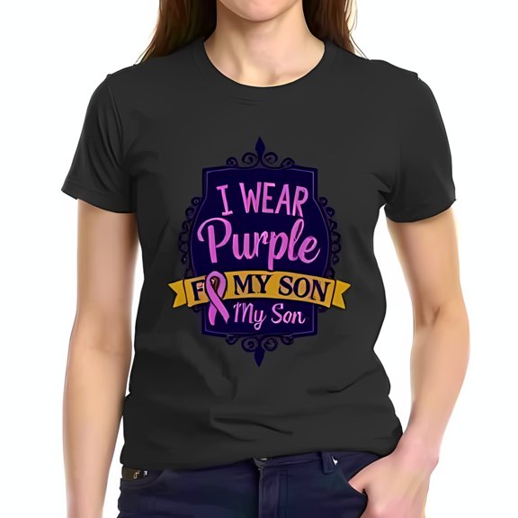 Stylish Cotton Short Sleeve T-Shirt with " I WEAR Purple FOR MY SON " Message & Pink Ribbon Design - Perfect for Awareness and Support