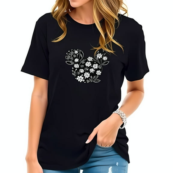 Stylish Cotton Short Sleeve T-Shirt with Intricate Floral Design - Elegant Black Tee for Casual Chic Look