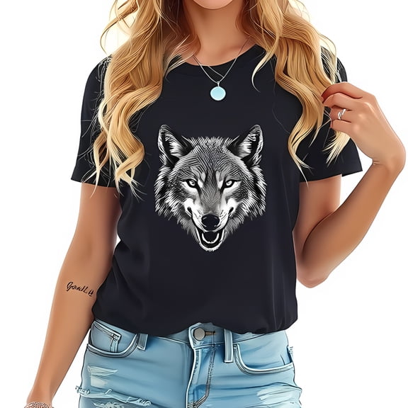 Stylish Cotton Short Sleeve T-Shirt with Intricate Wolf Graphic Design - Fierce Animal Print for Trendy Casual Wear