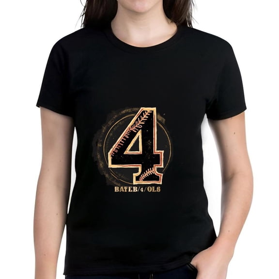 Stylish Cotton Short Sleeve T-Shirt with Large Stylized Number '4' Surrounded by Baseball Stitching Pattern - 'BATTLE 4 08' Design