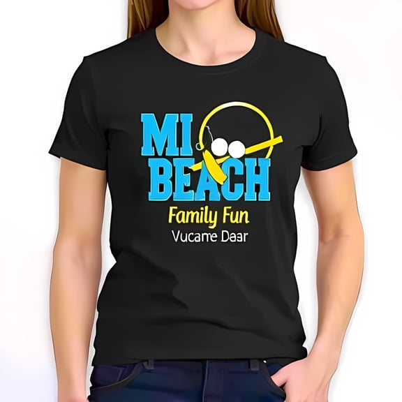 Stylish Cotton Short Sleeve T-Shirt with " MI BEACH " Graphic Family Fun Theme & Cartoon Beach Elements Local " Vucame Daar "
