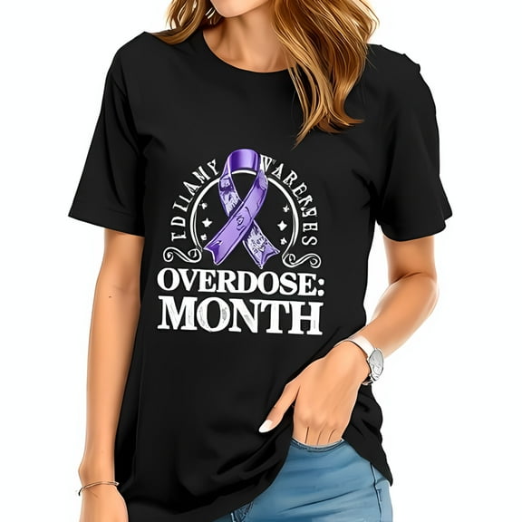 Stylish Cotton Short Sleeve T-Shirt with " OVERDOSE: MONTH " Print & Purple Ribbon - EDLAMI Design for Awareness & Empowerment