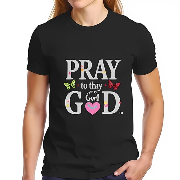 Stylish Cotton Short Sleeve T-Shirt with " PRAY to thy GOD " Design Colorful Butterflies & Hearts Casual Faith Wear