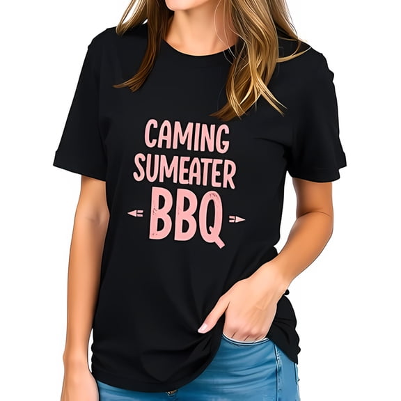 Stylish Cotton Short Sleeve T-Shirt with Playful 'CAMING SUMEATER BBQ' Text in Pink - Perfect for Summer Outdoor Fun