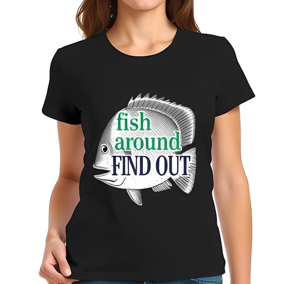 Stylish Cotton Short Sleeve T-Shirt with Playful Fish Graphic & " fish around FIND OUT " Text - Fun & Whimsical Design for Casual Wear